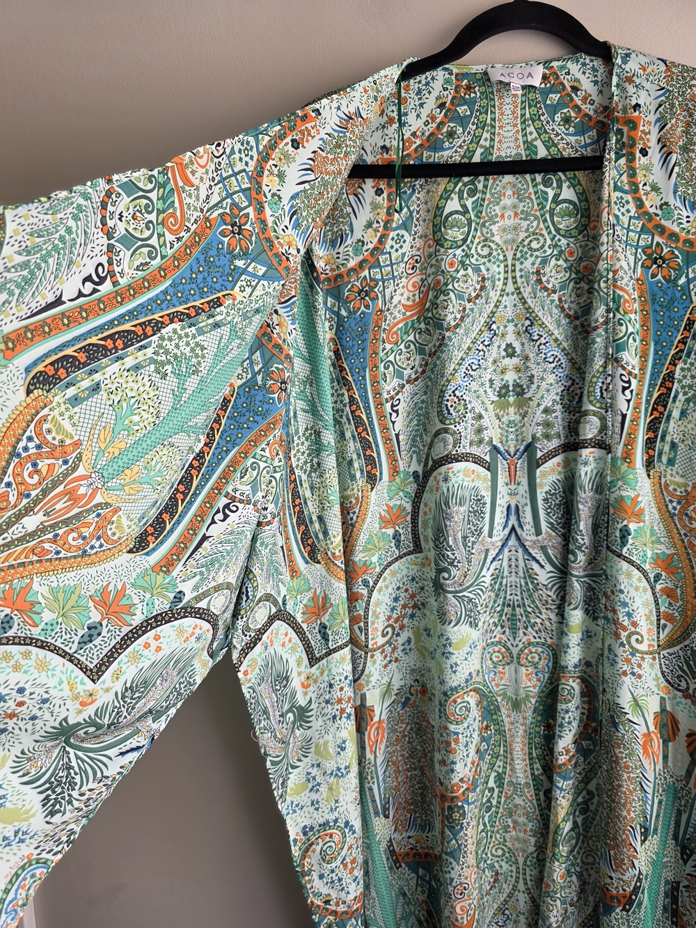 ACOA Boho Paisley Floral Satin Longline Kimono Duster Green Multi S/M - Picture 5 of 11
